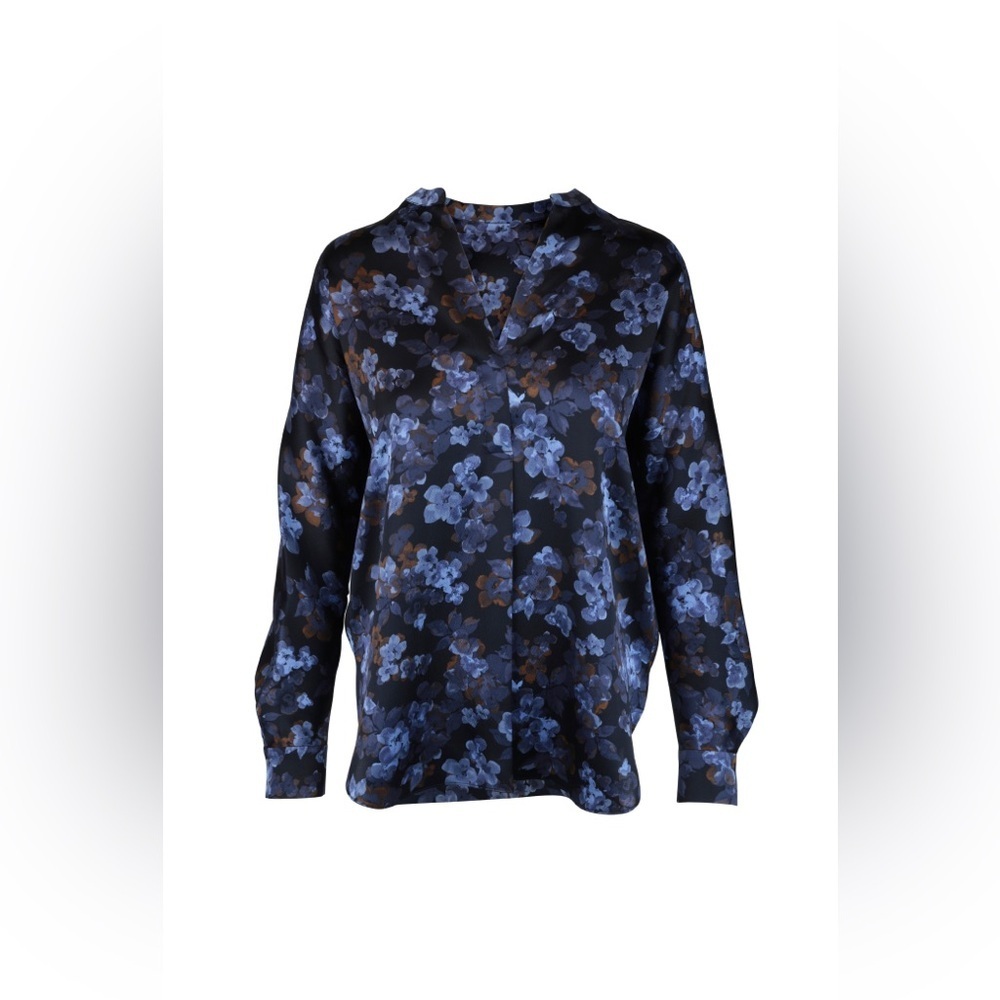 Vince Blue Plumeria Print Silk Blouse